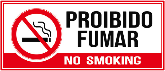 Sign in Portuguese and english language that says : no smoking - obrazy, fototapety, plakaty