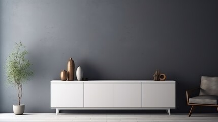 TV cabinet interior , White sideboard on dark blur wall with mable floor 