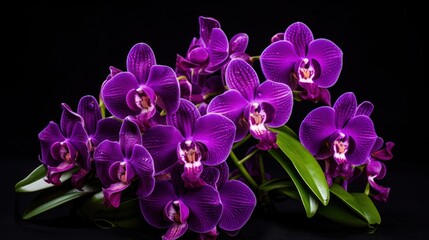 Fototapeta na wymiar Violet Vanda Orchid Flowers with Green Leaves 