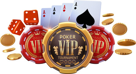A gambling design advertising an exclusive V.I.P. poker game tournament. 3D illustration featuring poker chips, four aces cards, red dices, and flying gold coins. - obrazy, fototapety, plakaty