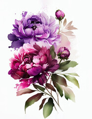 Watercolor Peony Bouquet Illustration Isolated on White Background. Colorful Digital Floral Art