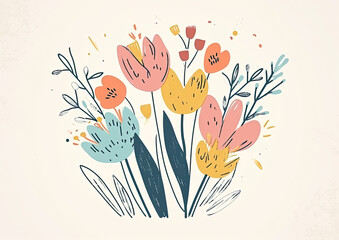 Spring seasonal doodle holiday postcard, craft cheerful pastel retro design