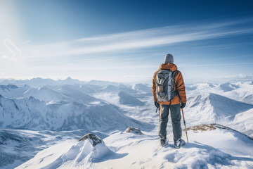 Fototapeta na wymiar male climber on top of snowy mountain