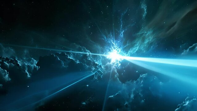 A pulsar emitting a powerful beam of bright blue neon light ting through the darkness of outer space.
