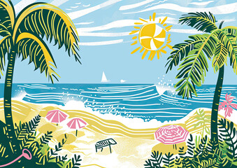 Fototapeta na wymiar Doodle ocean beach with tropical palms, summer holiday vacations postcard