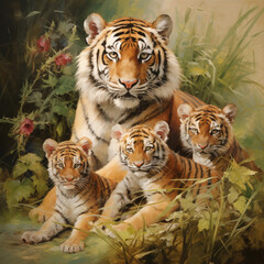 Tigre e seus filhotes - Ilustração