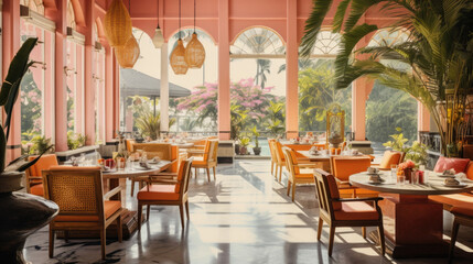 Fototapeta na wymiar Warm Bali sunlight cafe interior with Peach Fuzz color walls, maximalist design