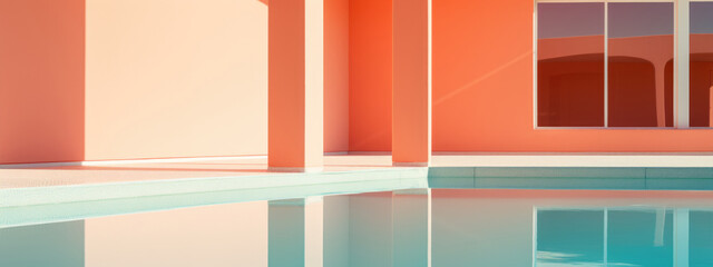 Coastal architecture with Peach Fuzz color Walls, minimalist background