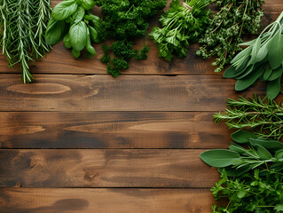 Fresh culinary herbs spread on dark wood, ideal for gourmet cooking. Copy space
