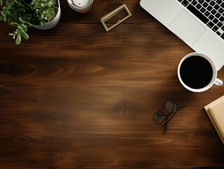 Vintage Wooden Table with Old Notebook, and Coffee Cup