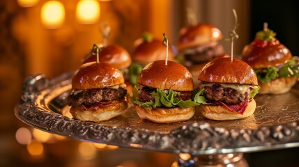 Obraz na płótnie Canvas Gourmet mini-burgers elegantly presented on a silver platter.