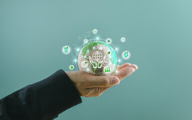 Sustainable energy technology in business industrial. Save planet Hand. ESG concept day earth. Save world, city globe environment, Eco friendly, green company culture. Carbon neutral, net zero target