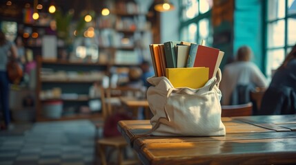 Creative book arrangement in a canvas tote bag in a bustling bookstore cafe.