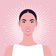 A face of a happy Asian woman. Portrait of a smiling teenager. Vector flat Illustration