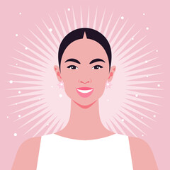 A face of a happy Asian woman. Portrait of a smiling teenager. Vector flat Illustration