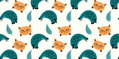 Children's cartoon seamless pattern with fur seal and cat, vector illustration