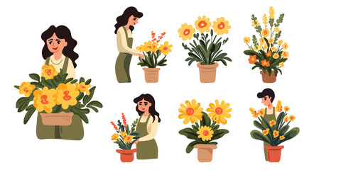 Set woman and man with flowers, houseplant, vector illustration