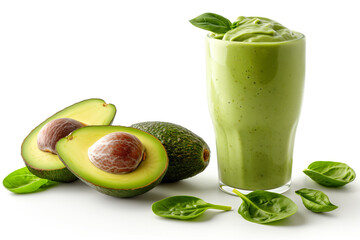 Avocado and spinach green smoothie isolated on on white background. 