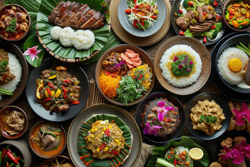 An array of plates filled with diverse international cuisines - obrazy, fototapety, plakaty
