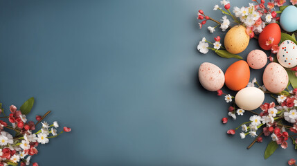 Naklejka na ściany i meble Top view of a colorful easter eggs and spring flowers on gray background with message space. Generative AI.