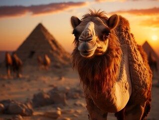 Beautiful camel on desert at sunset