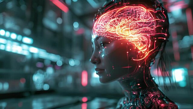 A giant holographic advertit featuring a cybernetic model promoting the latest brain implant technology.