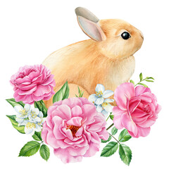 Bunny on isolated white background, bunny and Jasmin, rose flowers, leaves. Easter rabbit. Watercolor Cute animal