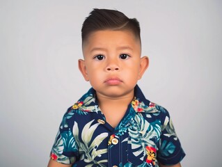 Young Boy Wearing a Blue Shirt With a Flowered Shirt On