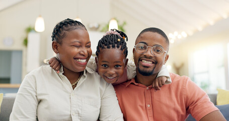 Black family, face and happy with parents and kid at home, love and bonding with hug and spending...