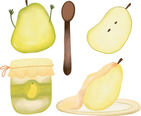 Vector hand drawn watercolor style illustration set of pears, pear jam and a cute spoon