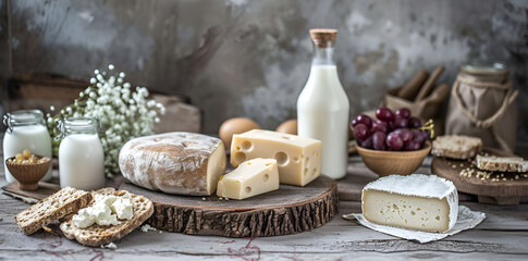 Fototapeta na wymiar Rustic gourmet cheese platter, complemented by fresh milk and ripe grapes