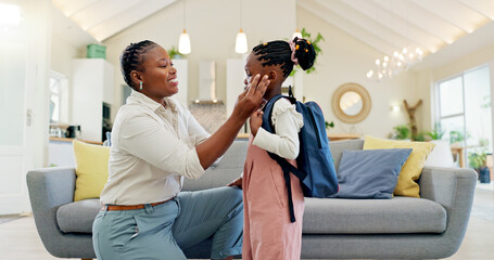 Talking, happy and a mother with a child getting ready for school in the morning. Kiss, laughing...