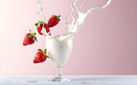 White Milk splash with blurred strawberry with space for text or text space on a light background. Healthy Diet image with milk glass. 