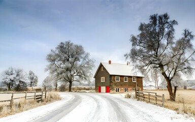 English Countryside wooden home and dried trees on a snow landscape. Empty covered Street or road with White cold snow landscape.
