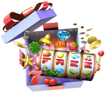 A 3D illustration featuring an open gift box overflowing with coins and various slot symbols, evoking the excitement of free spins rounds in casino slot games.