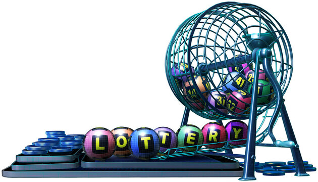 A 3D illustration advertising online lottery games, showcasing a metal wire cage filled with numbered balls atop a stack of mobile devices.