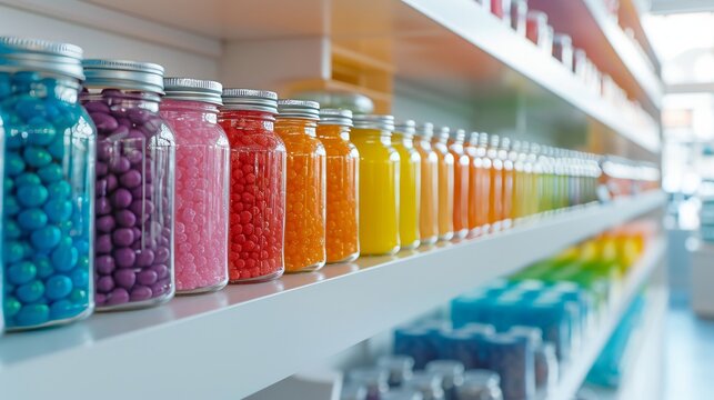 Colorful candy shop display with a variety of sweets in glass jars.