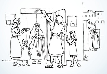 Vector drawing. The family fulfills God's command. Anoints the doorposts with the blood of the lamb © Marina