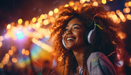 Portrait of overjoyed african american woman with headset enjoying outdoor party or event, listening to music on silent stage at festival. - obrazy, fototapety, plakaty