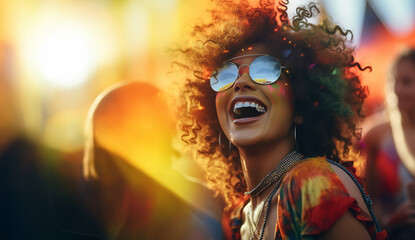 Happy african american woman wearing sunglasses having fun while attending open air music concert in the morning sunrise.