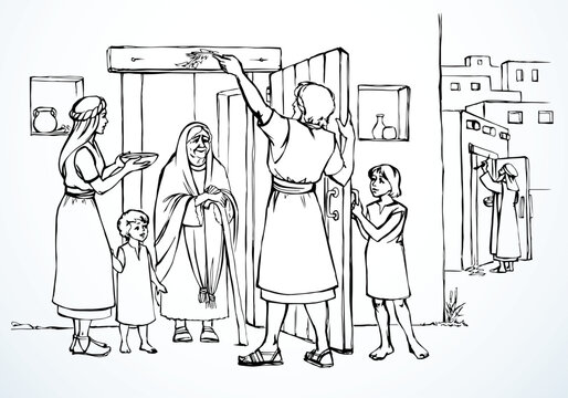 Vector drawing. The family fulfills God's command. Anoints the doorposts with the blood of the lamb