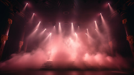Fototapeta na wymiar Stage light background with pink spotlight illuminated the stage with smoke. Empty stage for show with backdrop decoration.