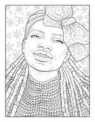 Girl with a big bow on her head and dreadlocks. Anti-stress coloring book for children and adults. Portrait of a beautiful African American woman with braces.