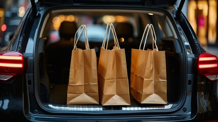 Paper shopping bags in the trunk of a car signaling a successful shopping spree.