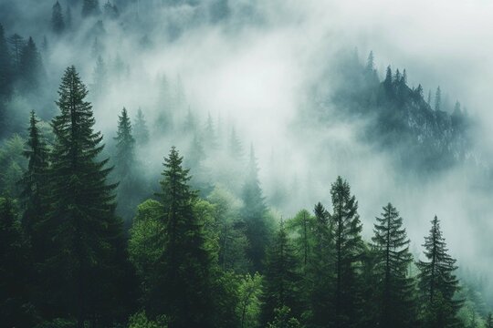 Misty landscape with fir forest in hipster vintage retro style © Amer