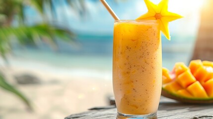 Refreshing tropical mango smoothie garnished with a carambola slice on a beach background.