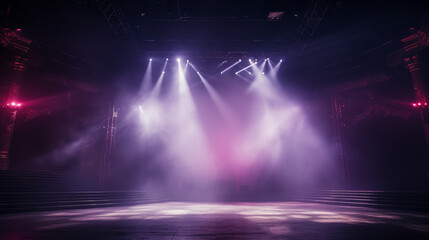 Stage light background with purple spotlight illuminated the stage with smoke. Empty stage for show with backdrop decoration.