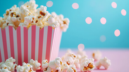Delicious popcorn scattering from pink striped cardboard box on pastel light background. Copy space. Generative AI