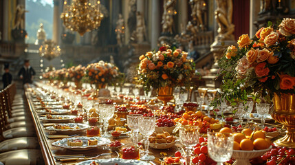 Regal Ambiance The Elegantly Decorated Table in the Castle, Setting a Scene of Opulence - obrazy, fototapety, plakaty