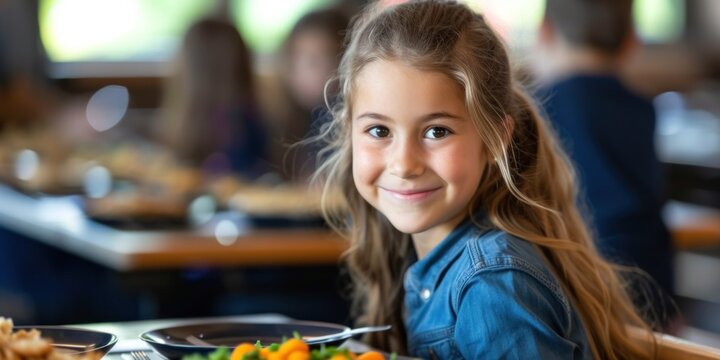 smiling girl in the school cafeteria eating his school lunch, International School Meals Day, banner - Powered by Adobe